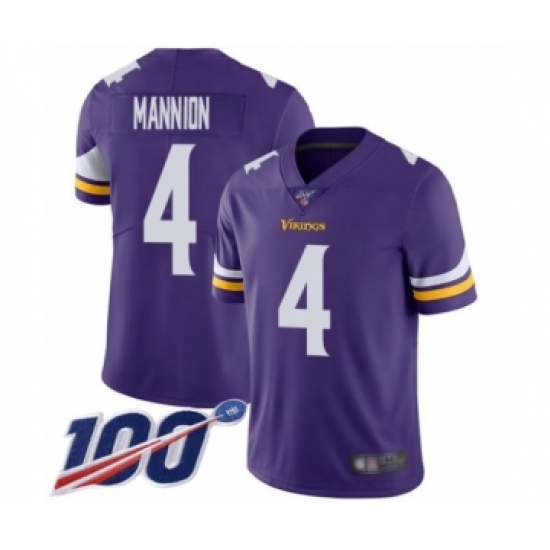 Men's Minnesota Vikings 4 Sean Mannion Purple Team Color Vapor Untouchable Limited Player 100th Season Football Jersey