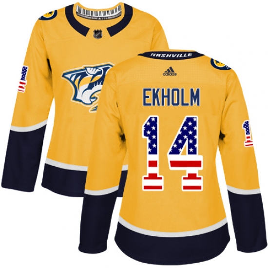 Women's Adidas Nashville Predators 14 Mattias Ekholm Authentic Gold USA Flag Fashion NHL Jersey