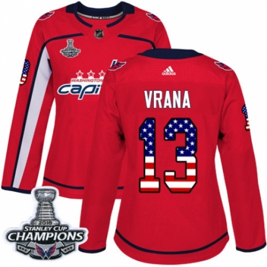 Women's Adidas Washington Capitals 13 Jakub Vrana Authentic Red USA Flag Fashion 2018 Stanley Cup Final Champions NHL Jersey