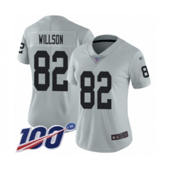 Women's Oakland Raiders 82 Luke Willson Limited Silver Inverted Legend 100th Season Football Jersey