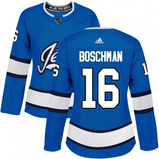Women's Adidas Winnipeg Jets 16 Laurie Boschman Authentic Blue Alternate NHL Jersey