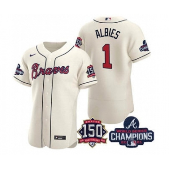 Men's Atlanta Braves 1 Ozzie Albies 2021 Cream World Series Champions With 150th Anniversary Flex Base Stitched Jersey