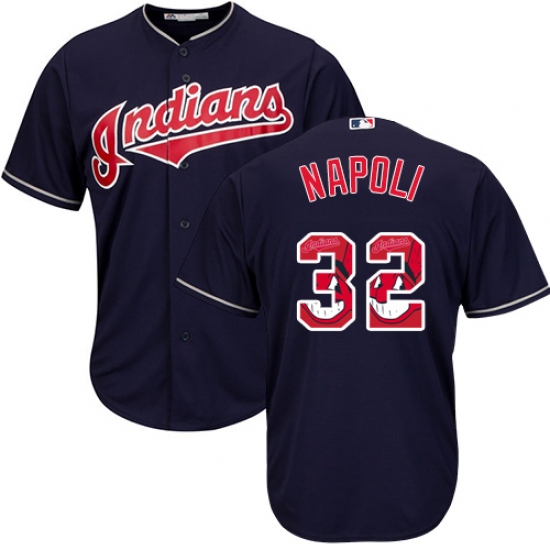 Men's Majestic Cleveland Indians 32 Mike Napoli Authentic Navy Blue Team Logo Fashion Cool Base MLB Jersey