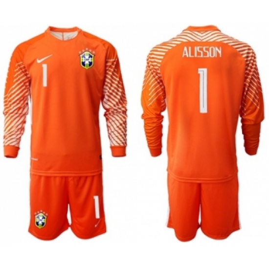 Brazil 1 Alisson Orange Goalkeeper Long Sleeves Soccer Country Jersey