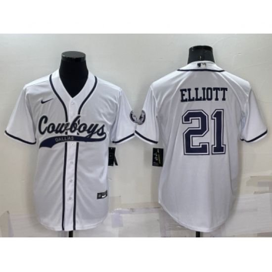 Men's Dallas Cowboys 21 Ezekiel Elliott White Stitched Cool Base Nike Baseball Jersey