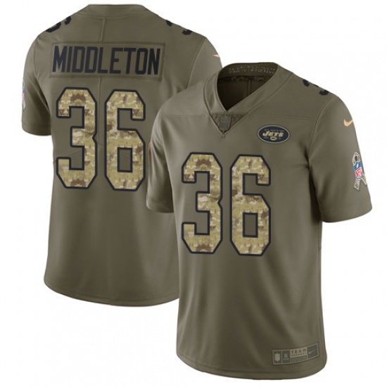 Men's Nike New York Jets 36 Doug Middleton Limited Olive Camo 2017 Salute to Service NFL Jersey