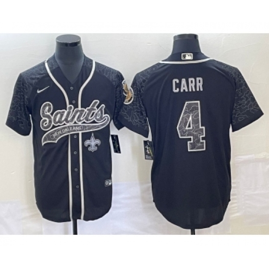 Men's New Orleans Saints 4 Derek Carr Black Reflective Cool Base Stitched Baseball Jersey
