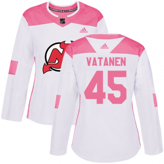 Women's Adidas New Jersey Devils 45 Sami Vatanen Authentic White Pink Fashion NHL Jersey