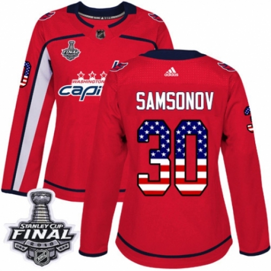Women's Adidas Washington Capitals 30 Ilya Samsonov Authentic Red USA Flag Fashion 2018 Stanley Cup Final NHL Jersey