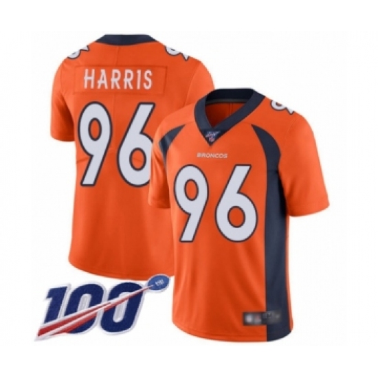 Youth Denver Broncos 96 Shelby Harris Orange Team Color Vapor Untouchable Limited Player 100th Season Football Jersey