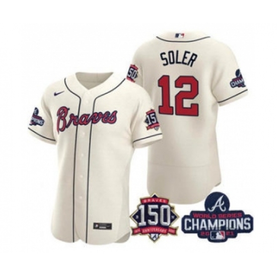 Men's Atlanta Braves 12 Jorge Soler 2021 Cream World Series Champions With 150th Anniversary Flex Base Stitched Jersey
