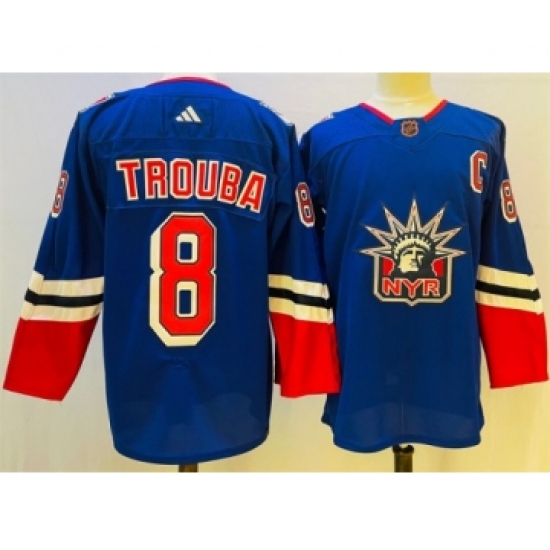 Men's New York Rangers 8 Jacob Trouba Blue 2022-23 Reverse Retro Stitched Jersey