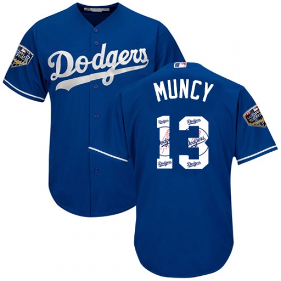 Men's Majestic Los Angeles Dodgers 13 Max Muncy Authentic Royal Blue Team Logo Fashion Cool Base 2018 World Series MLB Jersey