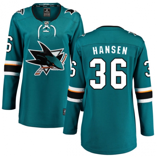 Women's San Jose Sharks 36 Jannik Hansen Fanatics Branded Teal Green Home Breakaway NHL Jersey
