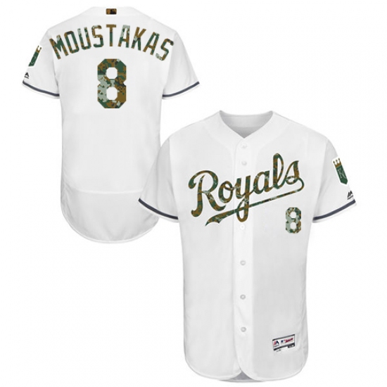 Men's Majestic Kansas City Royals 8 Mike Moustakas Authentic White 2016 Memorial Day Fashion Flex Base MLB Jersey