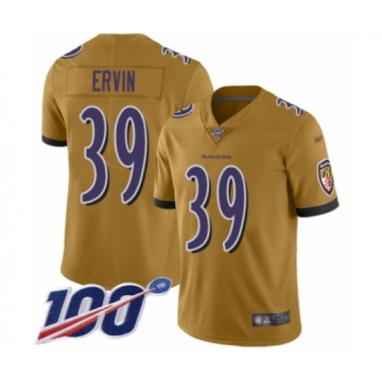 Men's Baltimore Ravens 39 Tyler Ervin Limited Gold Inverted Legend 100th Season Football Jersey