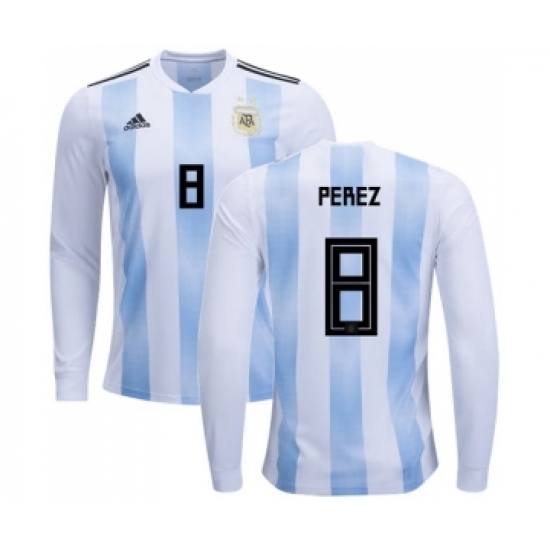 Argentina 8 Perez Home Long Sleeves Soccer Country Jersey