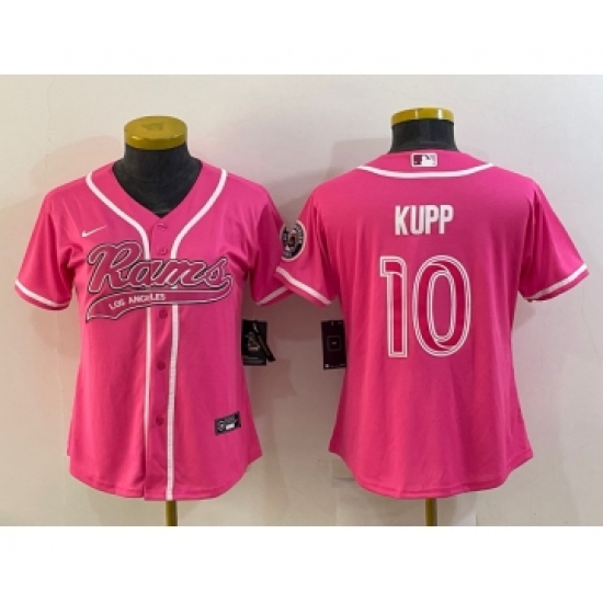 Women's Los Angeles Rams 10 Cooper Kupp Pink With Patch Cool Base Stitched Baseball Jersey