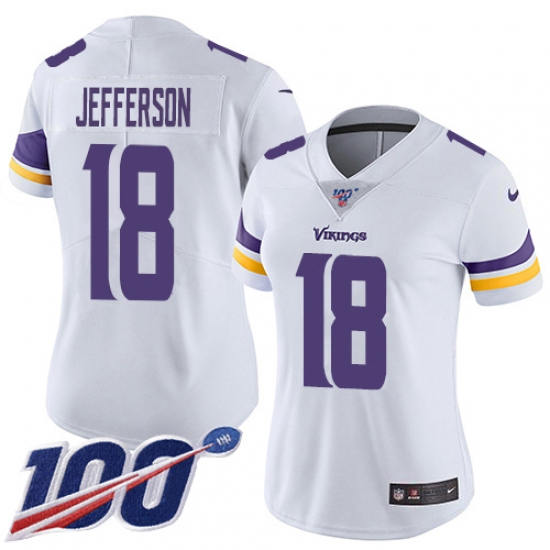 Women's Minnesota Vikings 18 Justin Jefferson White Stitched NFL 100th Season Vapor Untouchable Limited Jersey