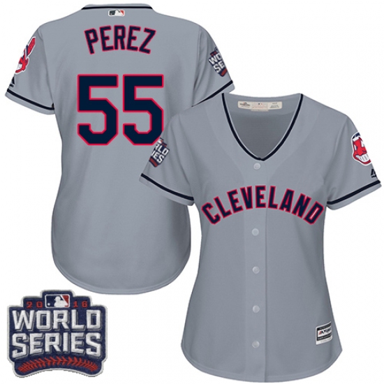 Women's Majestic Cleveland Indians 55 Roberto Perez Authentic Grey Road 2016 World Series Bound Cool Base MLB Jersey