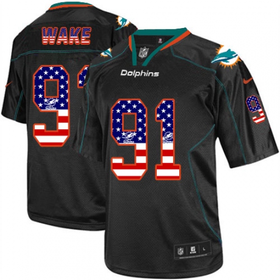Men's Nike Miami Dolphins 91 Cameron Wake Elite Black USA Flag Fashion NFL Jersey