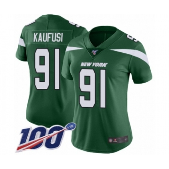 Women's New York Jets 91 Bronson Kaufusi Green Team Color Vapor Untouchable Limited Player 100th Season Football Jersey