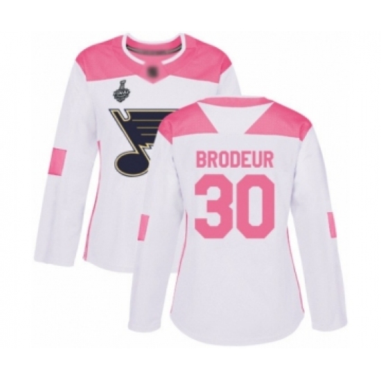 Women's St. Louis Blues 30 Martin Brodeur Authentic White Pink Fashion 2019 Stanley Cup Final Bound Hockey Jersey