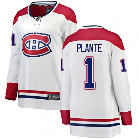 Women's Montreal Canadiens 1 Jacques Plante Authentic White Away Fanatics Branded Breakaway NHL Jersey