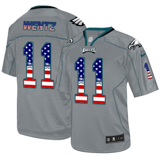 Men's Nike Philadelphia Eagles 11 Carson Wentz Elite Grey USA Flag Fashion NFL Jersey