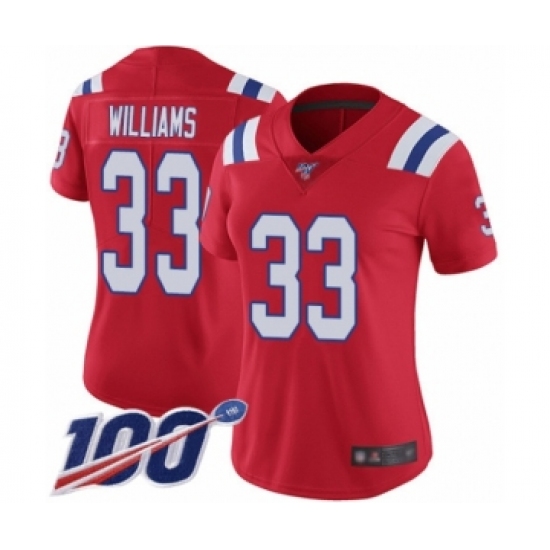 Women's New England Patriots 33 Joejuan Williams Red Alternate Vapor Untouchable Limited Player 100th Season Football Jersey