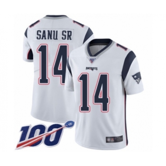 Men's New England Patriots 14 Mohamed Sanu Sr White Vapor Untouchable Limited Player 100th Season Football Jersey
