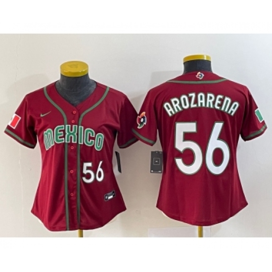Women's Mexico Baseball 56 Randy Arozarena Number 2023 Red World Classic Stitched Jersey
