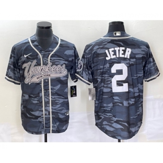 Men's New York Yankees 2 Derek Jeter Grey Camo Cool Base Stitched Baseball Jersey