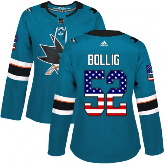 Women's Adidas San Jose Sharks 52 Brandon Bollig Authentic Teal Green USA Flag Fashion NHL Jersey