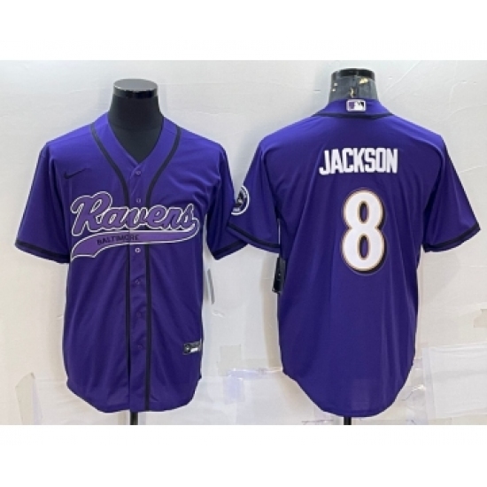 Men's Baltimore Ravens 8 Lamar Jackson Purple With Patch Cool Base Stitched Baseball Jersey