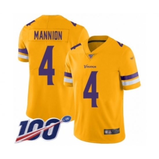 Men's Minnesota Vikings 4 Sean Mannion Limited Gold Inverted Legend 100th Season Football Jersey
