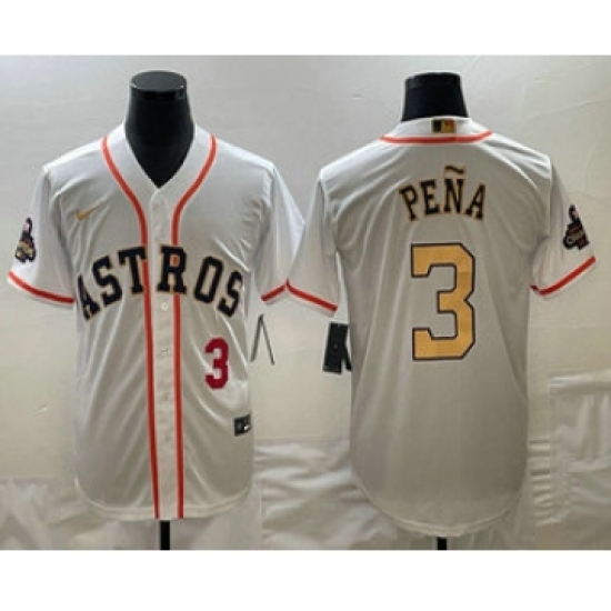 Men's Houston Astros 3 Jeremy Pena 2023 White Gold World Serise Champions Cool Base Stitched Jerseys