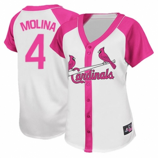 Women's Majestic St. Louis Cardinals 4 Yadier Molina Authentic White Pink Splash Fashion MLB Jersey