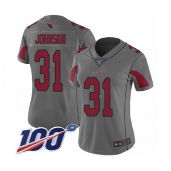 Women's Arizona Cardinals 31 David Johnson Limited Silver Inverted Legend 100th Season Football Jersey