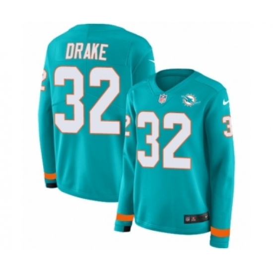 Women's Nike Miami Dolphins 32 Kenyan Drake Limited Aqua Therma Long Sleeve NFL Jersey