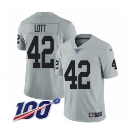 Men's Oakland Raiders 42 Ronnie Lott Limited Silver Inverted Legend 100th Season Football Jersey