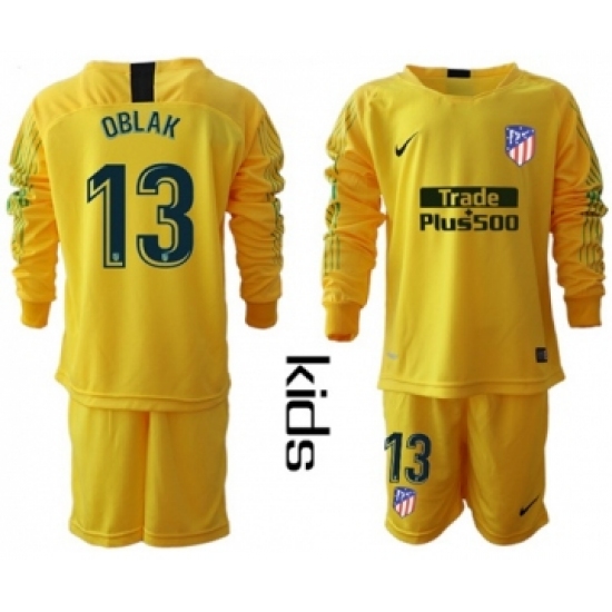 Atletico Madrid 13 Oblak Yellow Goalkeeper Long Sleeves Kid Soccer Club Jersey