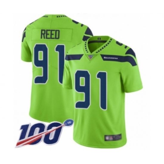 Men's Seattle Seahawks 91 Jarran Reed Limited Green Rush Vapor Untouchable 100th Season Football Jersey