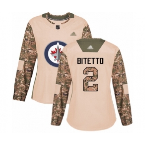 Women's Winnipeg Jets 2 Anthony Bitetto Authentic Camo Veterans Day Practice Hockey Jersey