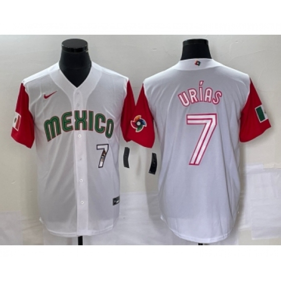 Men's Mexico Baseball 7 Julio Urias Number 2023 White Red World Classic Stitched Jersey 45