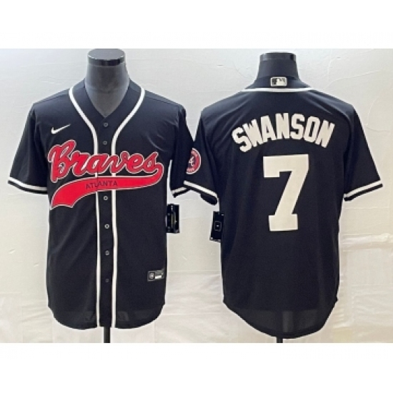 Men's Atlanta Braves 7 Dansby Swanson Black Cool Base Stitched Baseball Jersey1