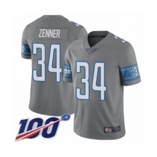 Men's Detroit Lions 34 Zach Zenner Limited Steel Rush Vapor Untouchable 100th Season Football Jersey