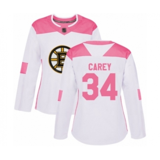 Women's Boston Bruins 34 Paul Carey Authentic White Pink Fashion Hockey Jersey