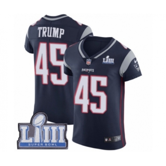 Men's Nike New England Patriots 45 Donald Trump Navy Blue Team Color Vapor Untouchable Elite Player Super Bowl LIII Bound NFL Jersey