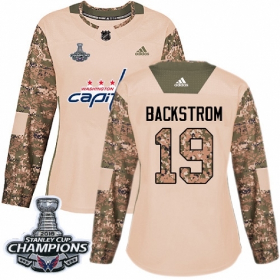 Women's Adidas Washington Capitals 19 Nicklas Backstrom Authentic Camo Veterans Day Practice 2018 Stanley Cup Final Champions NHL Jersey